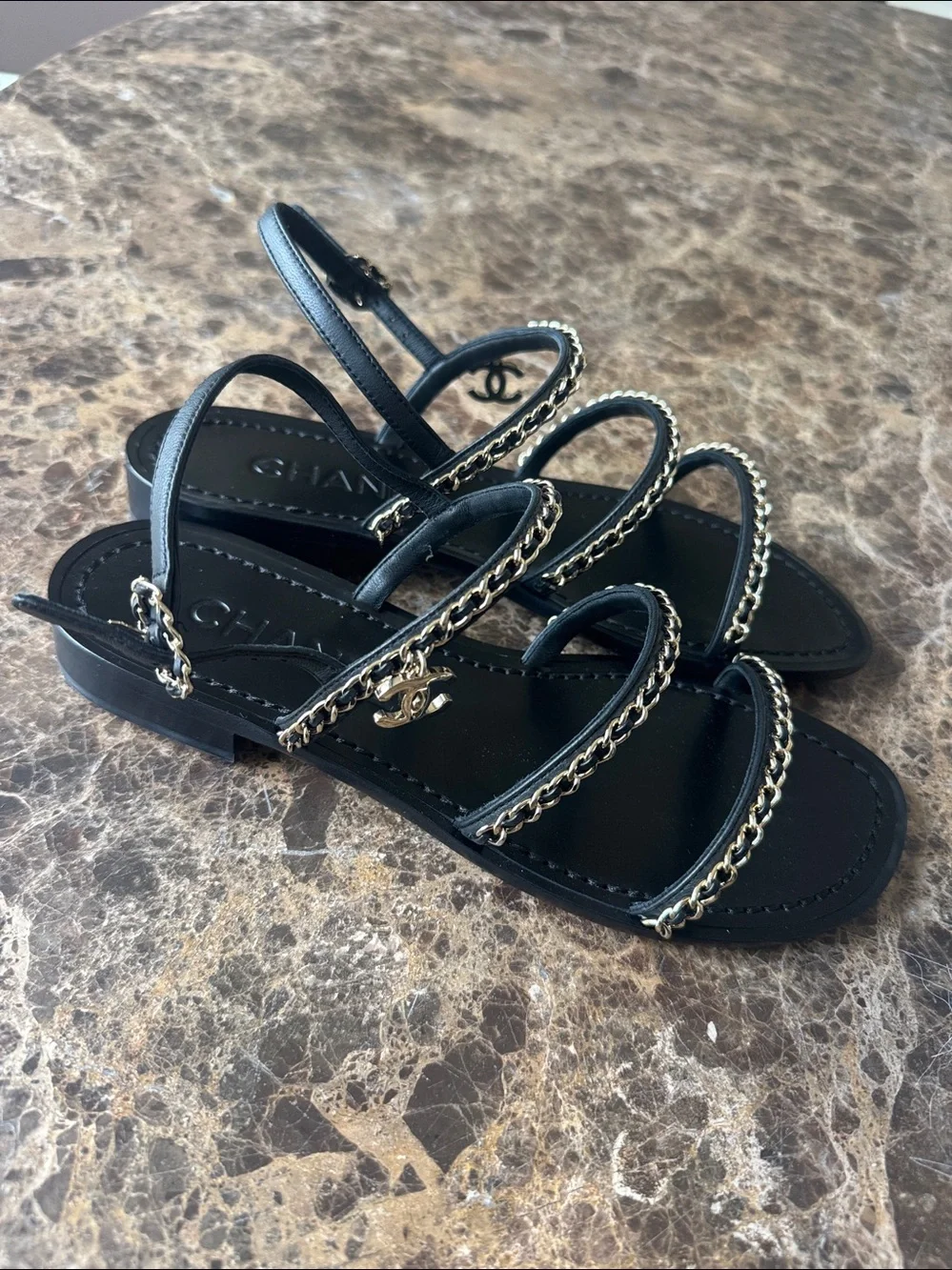Chanel black leather gold chain sandals flats charms sz 38